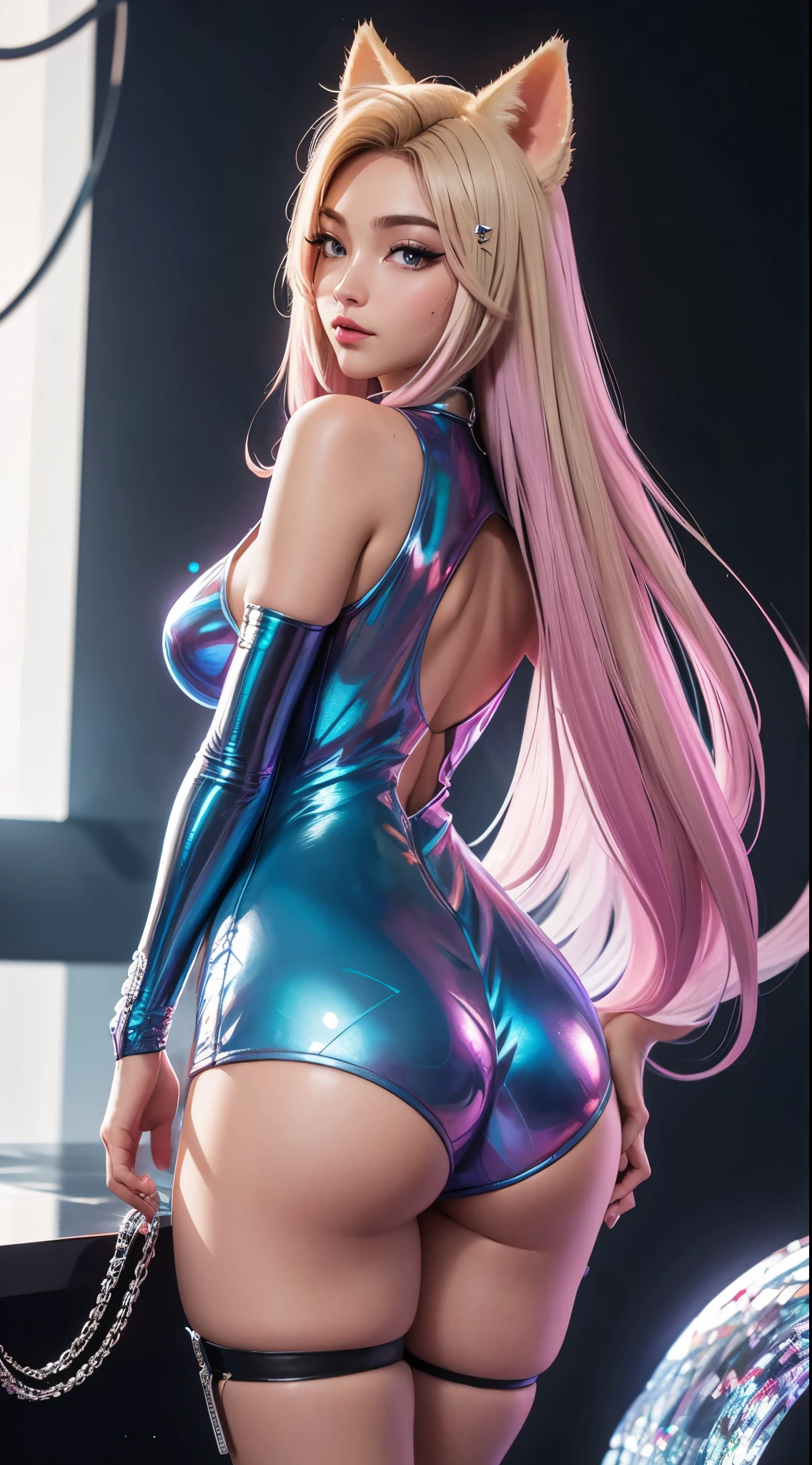 Ahri KDA, Back view, big ass, perfect breast, beautiful, sexy, slim, cute, highly detailed, deep focused image, realistic full-lenght photo, sexy jumpsuit