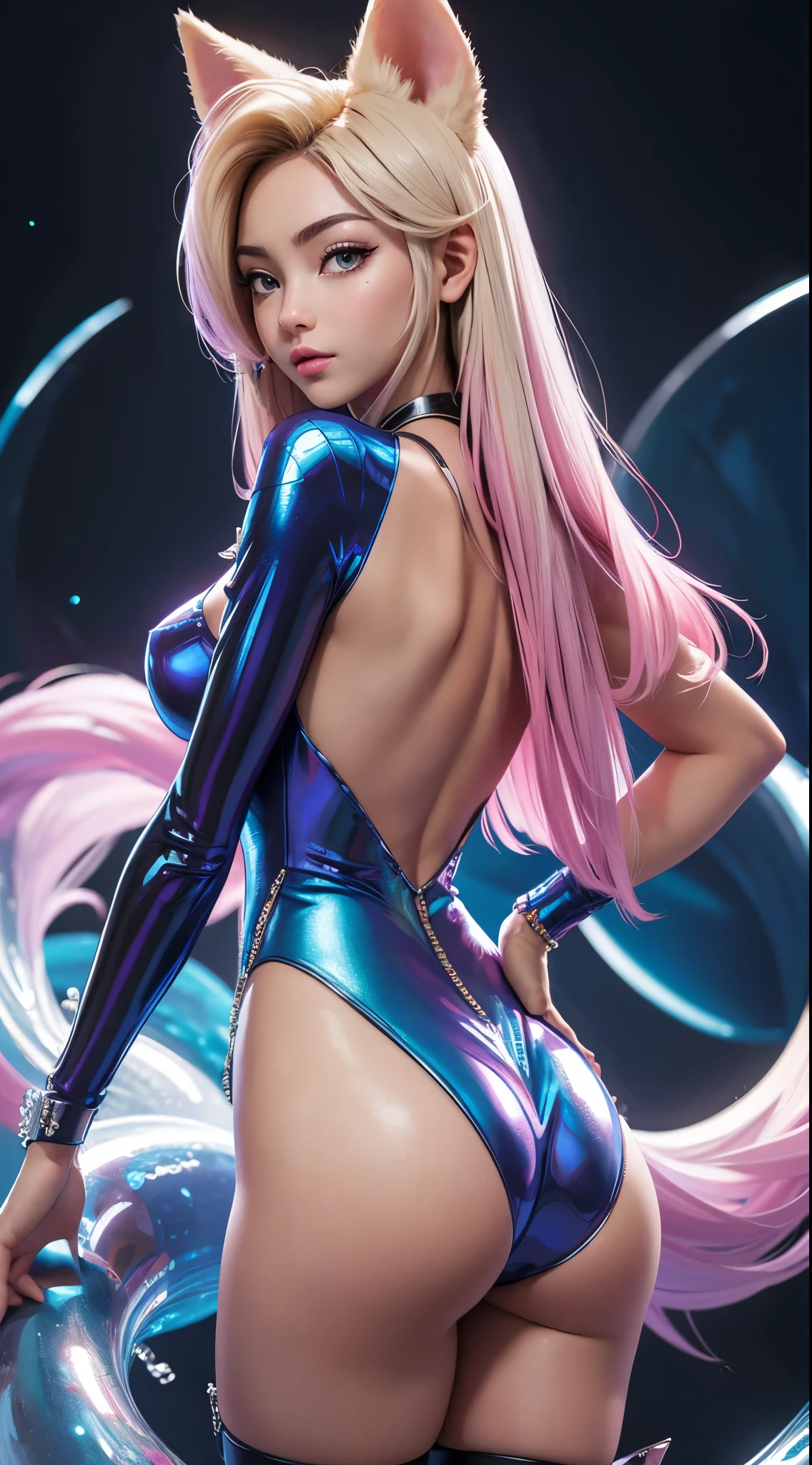 Ahri KDA, Back view, big ass, perfect breast, beautiful, sexy, slim, cute, highly detailed, deep focused image, realistic full-lenght photo, sexy jumpsuit