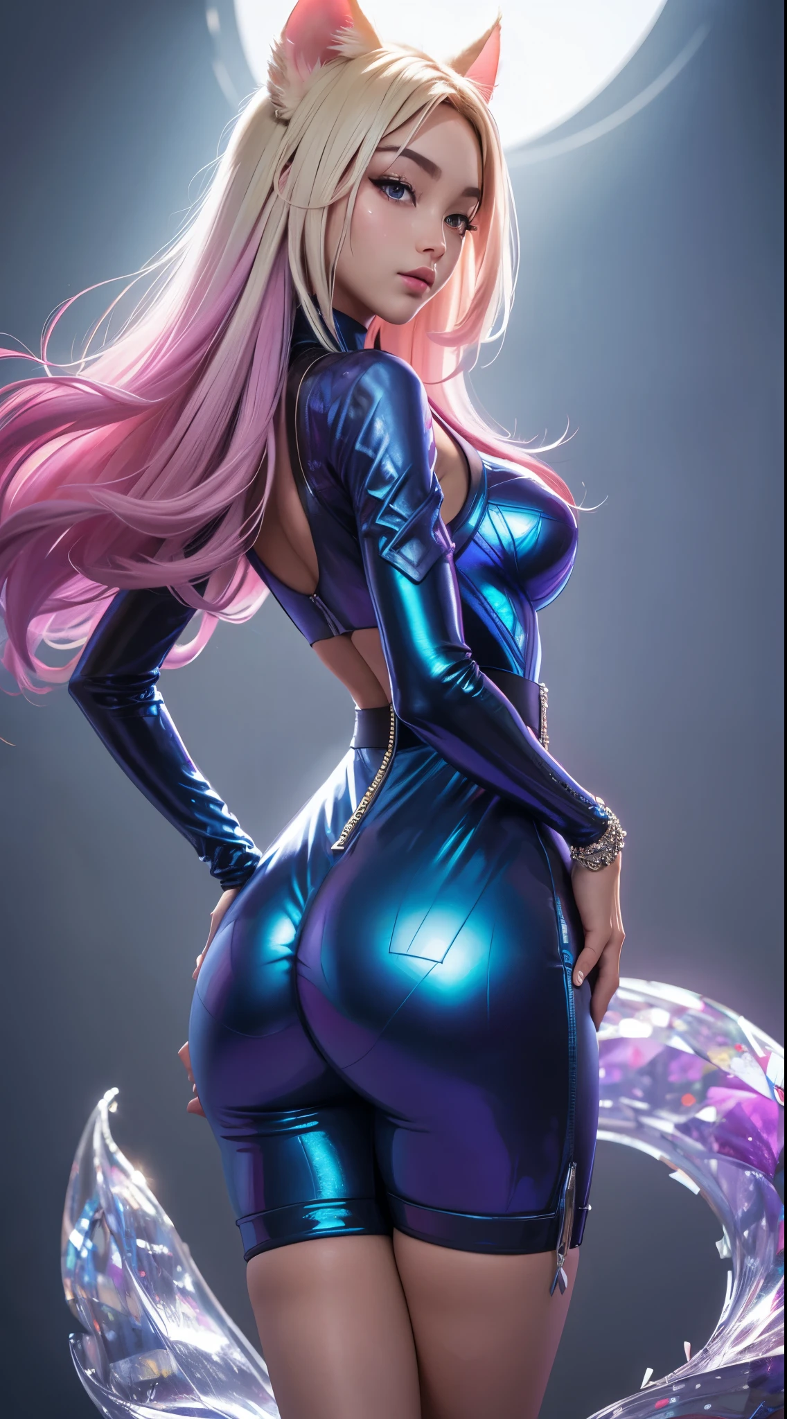 Ahri KDA, Back view, big ass, perfect breast, beautiful, sexy, slim, cute, highly detailed, deep focused image, realistic full-lenght photo, sexy jumpsuit