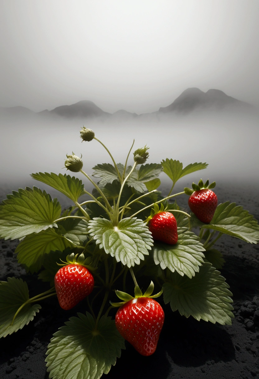 (A Strawberry), in the middle of a fog, in the style of white and gray, (by angura kei:0.5), photographic source, transfixing scenes, edible art, captivating chiaroscuro, dynamic movement, full body, (special effects:0.1), award-winning, cinematic still, emotional, vignette, dynamic, vivid, (masterpiece, best quality, photorealistic, Professional, perfect composition, very aesthetic, absurdres, ultra-detailed, intricate details:1.3)