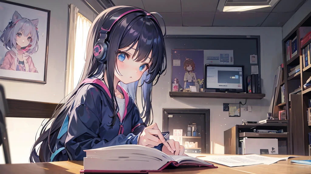 "10-year-old girl in anime style, dressed casually, with headphones, sitting in a chair, in front of her study desk, in profile studying an open book, orientation of the character to the right in profile, full-length image of the person , I just want a picture of the girl in the final design.