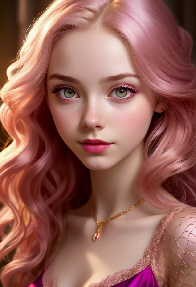 An 18 years old European girl with pale skin and long, wavy rose_gold hair. large and magenta colored eyes, full lips, with an adorable, and innocent face. She should have a happy expression, wearing a pink, gold, and rose gold colored mini dress, with an elegant and spider web lace theme, something that emphasizes her sweet and compassionate personality. Overall, her appearance would be striking, attracting curious looks. small chested, slender, cinematic lighting, chromatic aberration, backlighting, masterpiece, high details, high quality, 4K.