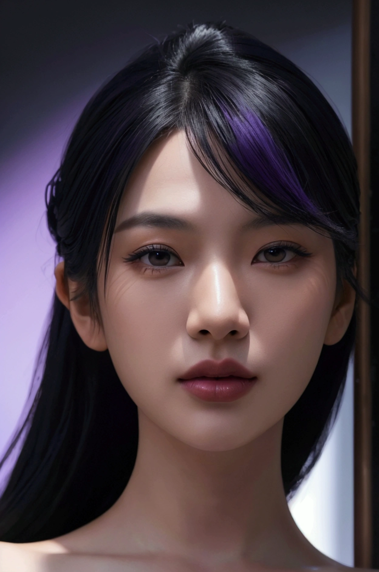 a close up of an asian woman with black and purple hair, wearing a sexy outfit, standing against a wall, detailed face, detailed background, (best quality,4k,8k,highres,masterpiece:1.2),ultra-detailed,(realistic,photorealistic,photo-realistic:1.37),HDR,UHD,studio lighting,ultra-fine painting,sharp focus,physically-based rendering,extreme detail description,professional,vivid colors,bokeh,portraits