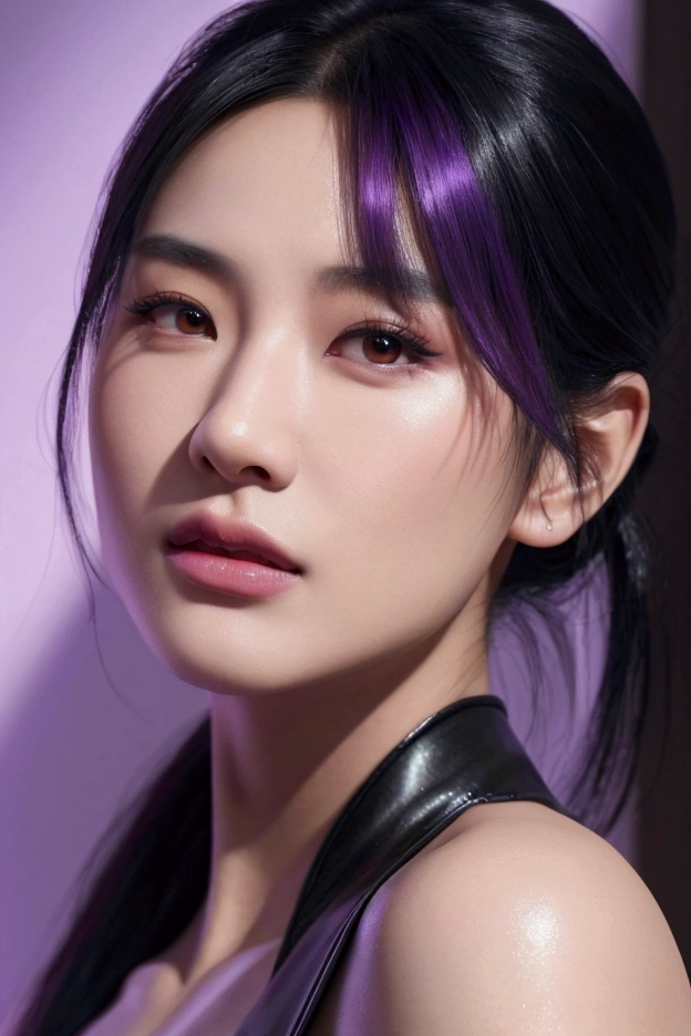 a close up of an asian woman with black and purple hair, wearing a sexy outfit, standing against a wall, detailed face, detailed background, (best quality,4k,8k,highres,masterpiece:1.2),ultra-detailed,(realistic,photorealistic,photo-realistic:1.37),HDR,UHD,studio lighting,ultra-fine painting,sharp focus,physically-based rendering,extreme detail description,professional,vivid colors,bokeh,portraits