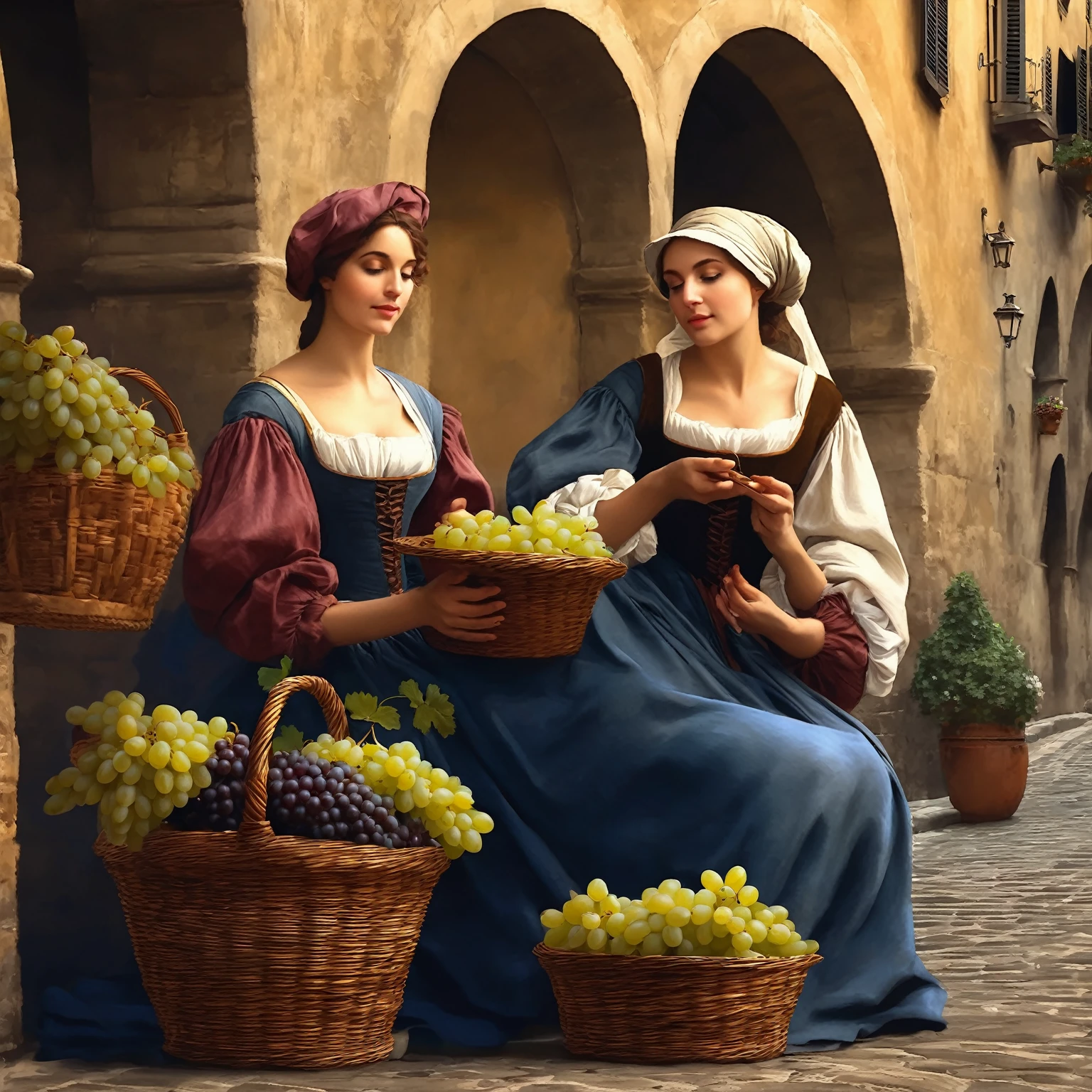  a street artist paints a peasant woman posing for him with a basket full of grapes, on one of the streets of Florence in 1524. renaissance digital painting, in a renaissance style, in the high renaissance style, живопись in a renaissance style, in a renaissance style, based on Filippino Lippi, в Carlo People, In the style of da Vinci, Renaissance painting style, Realistic portrait of the Renaissance, Renaissance Art style, Renaissance oil painting, Renaissance Art