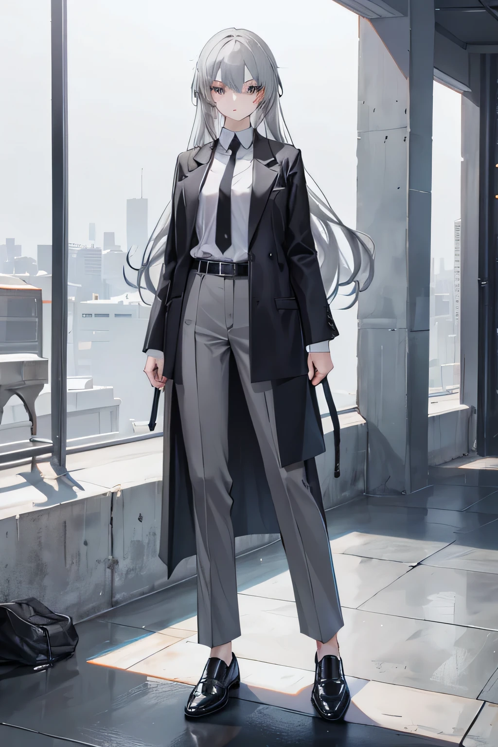 Name: Lucia Wolford 
Gender: female
Height: 168 cm
Features: gray unruffled long hair, dark gray eyes, defined pale face.
Body: have slender built with a lanky fingers and a long leg.
Clothes: dark Shawl Lapel, gray flat front trouser, ashen Point Collar shirt, a gray tie with gray raven clip, gray belt, ashen socks and gray shoes