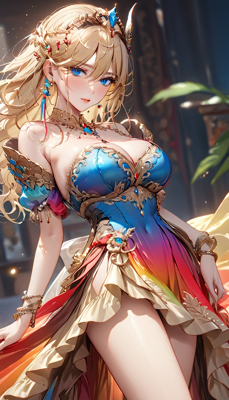 Masterpiece, ultra-high definition, ultra-high quality 8K, incredibly absurd, highly detailed, 2.5D, delicate and dynamic, beautiful woman, intelligent and cool beauty, seductive expression, tight blonde hair, Shining Blue eyes, Highlight on eyes, Very long eyelashes, Very Large Breasts, Beautiful Legs, Wearing a rainbow-colored western dancer dress with intricate and luxurious embroidery, shiny satin fabric, accessories, best figure, gorgeous and luxurious effect, background aristocratic society