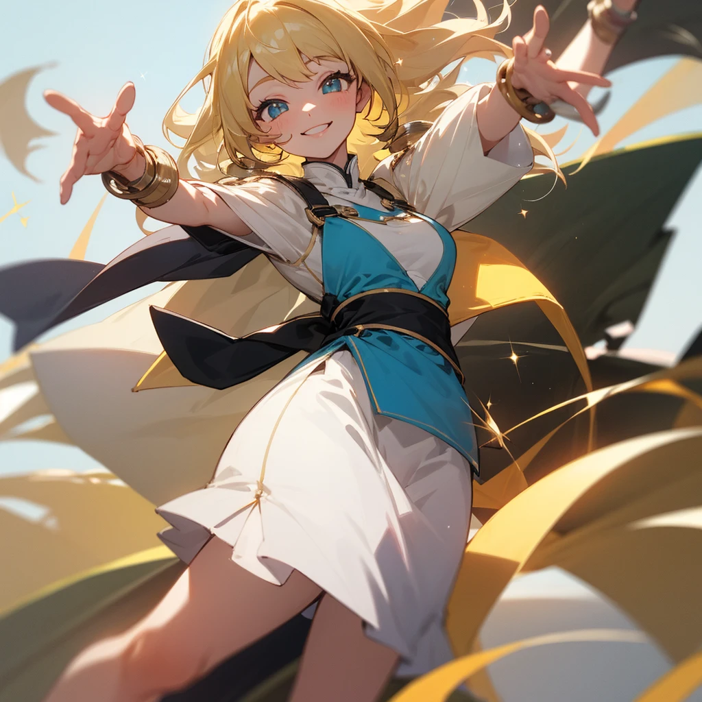 One girl, Blonde, smile, Sparkling eyes, Feet out of frame, solo, smile, accessories, happiness/joy, smiling, Bright Eyes,