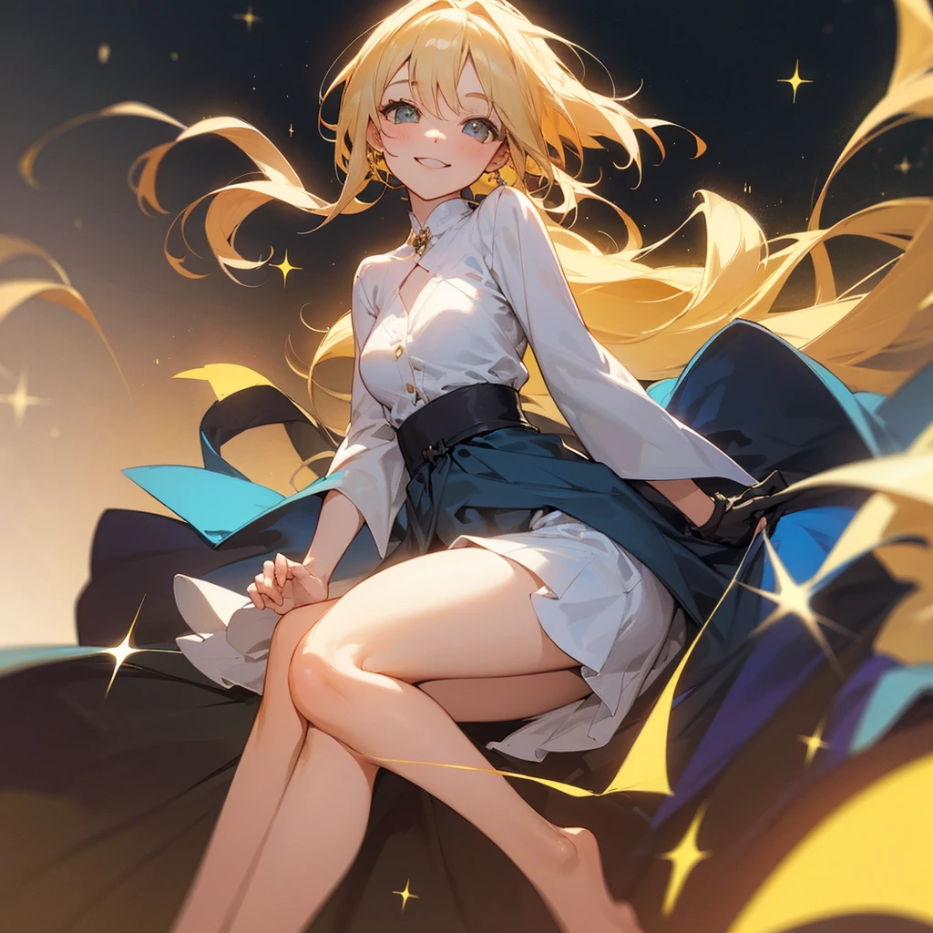 One girl, Blonde, smile, Sparkling eyes, Feet out of frame, solo, smile, accessories, happiness/joy, smiling, Bright Eyes,