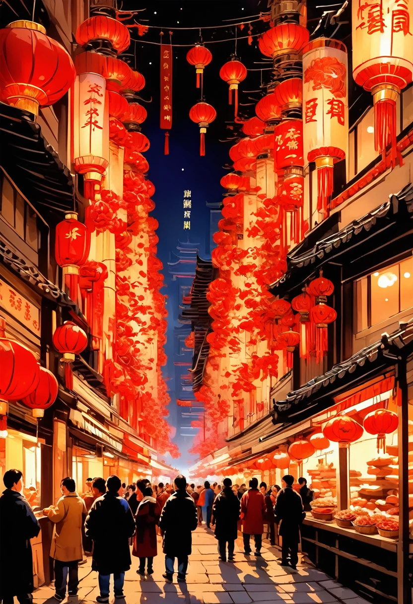 An intricate vertical New Year's scroll painting in traditional Chinese style depicting a busy street market scene in Shanghai during Chinese New Year celebrations. People bargaining and buying decorations and food, red lanterns hanging overhead, firecrackers lighting up the night sky, no people