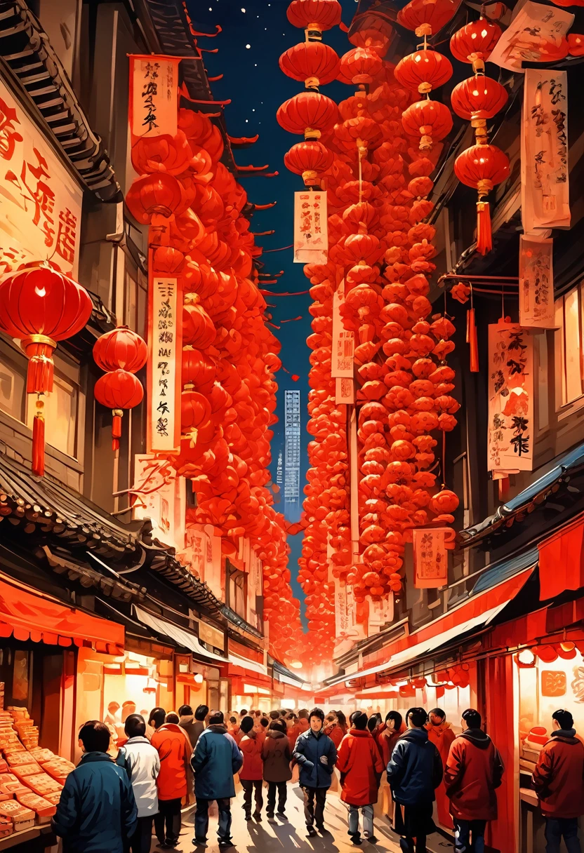 An intricate vertical New Year's scroll painting in traditional Chinese style depicting a busy street market scene in Shanghai during Chinese New Year celebrations. People bargaining and buying decorations and food, red lanterns hanging overhead, firecrackers lighting up the night sky, no people