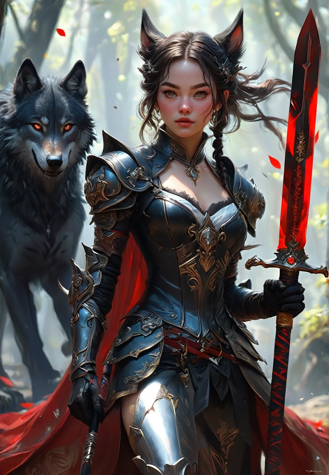 A woman dressed in black is holding a red sword, by 양J, Wojtech FUS, Epic fantasy digital art style, art manure julie bell beeple, wolf and art manure, extremely detailed art manure, wolf and ross tran, fantasy art behance, wolf | art manure, concept art | art manure