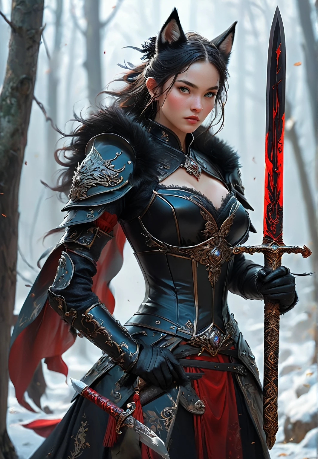 A woman dressed in black is holding a red sword, by 양J, Wojtech FUS, Epic fantasy digital art style, art manure julie bell beeple, wolf and art manure, extremely detailed art manure, wolf and ross tran, fantasy art behance, wolf | art manure, concept art | art manure