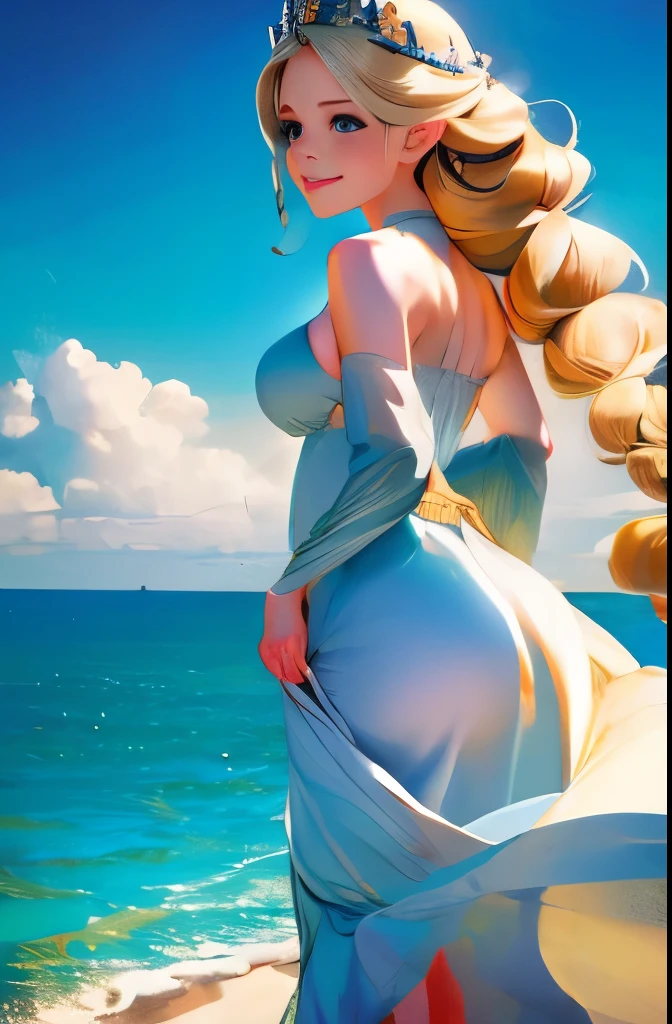 ,((Best quality))),8k,((Masterpiece)),(Extremely refined and beautiful), there is a girl coming out of the sea, a swan princess in Russian mythology, beautiful calm face, blue eyes, long blonde hair braided, the moon braided hair on the back of the head, white old Russian shiny clothes with a Kokoshnik crown on his head, affectionate eyes, half a smile, a gentle expression on his face, seascape and sunlight in the background, seagulls in the sky, full length, realism