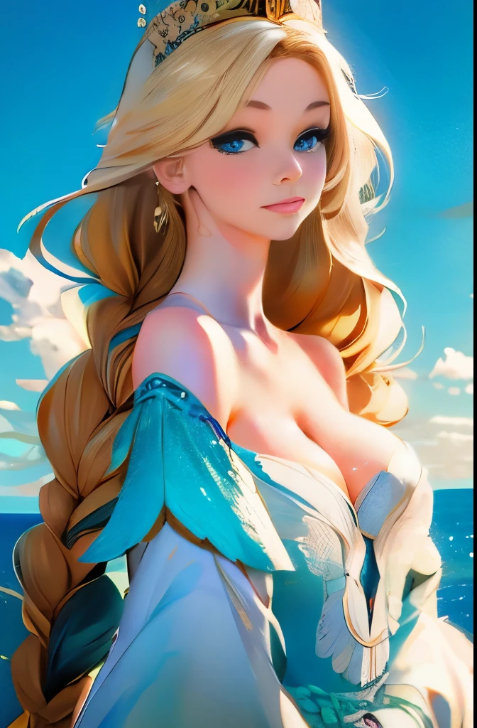 ,((Best quality))),8k,((Masterpiece)),(Extremely refined and beautiful), there is a girl coming out of the sea, a swan princess in Russian mythology, beautiful calm face, blue eyes, long blonde hair braided, the moon braided hair on the back of the head, white old Russian shiny clothes with a Kokoshnik crown on his head, affectionate eyes, half a smile, a gentle expression on his face, seascape and sunlight in the background, seagulls in the sky, full length, realism
