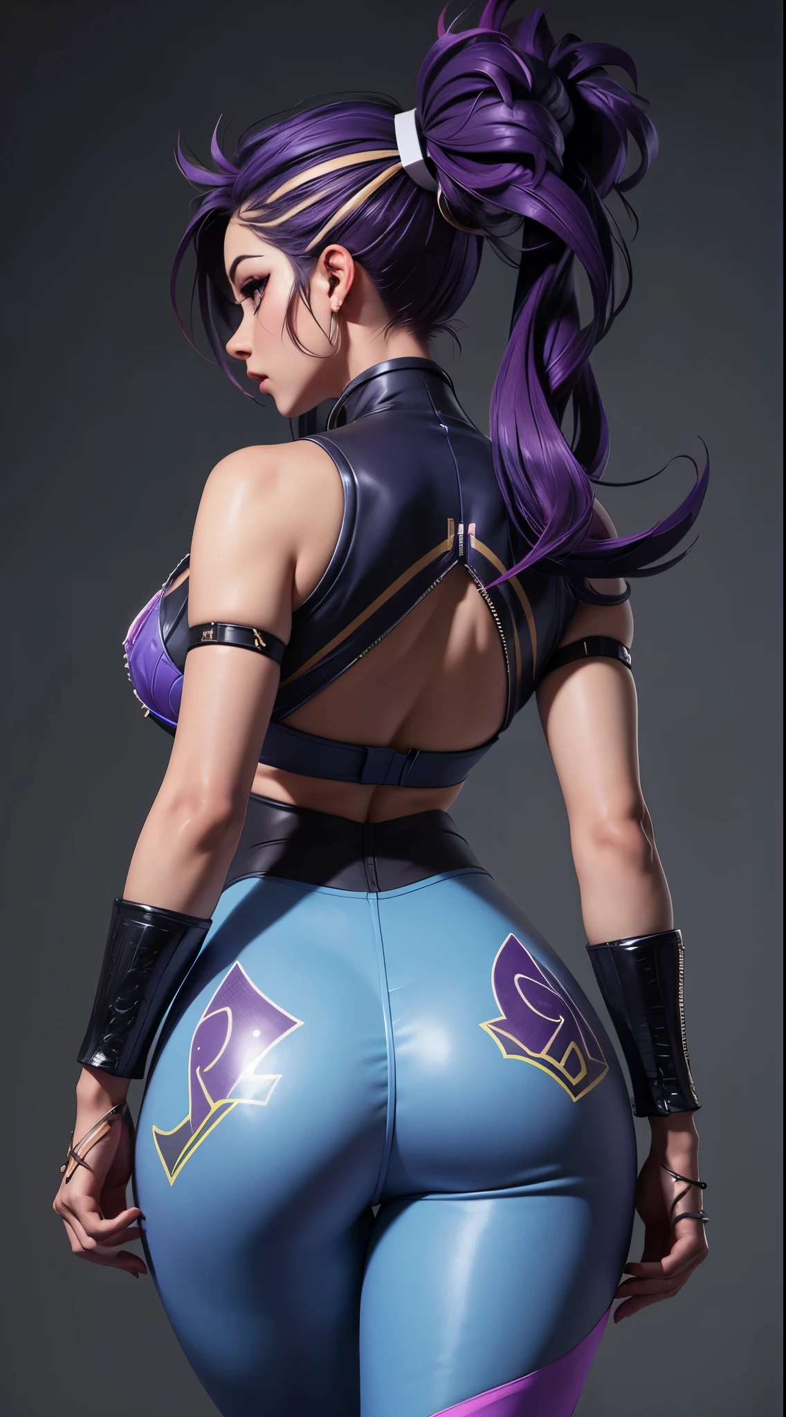 Kda akali, Back view, big ass, perfect breast, beautiful, sexy, slim, cute, highly detailed, deep focused image, realistic full-lenght photo, sexy jumpsuit