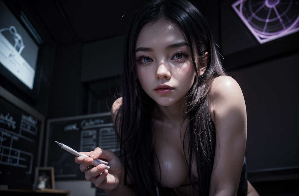 missfortune, artistic expression, modernism, dark shades of purple, strange white light in the center, soft and welcoming, chalkboard, work of art