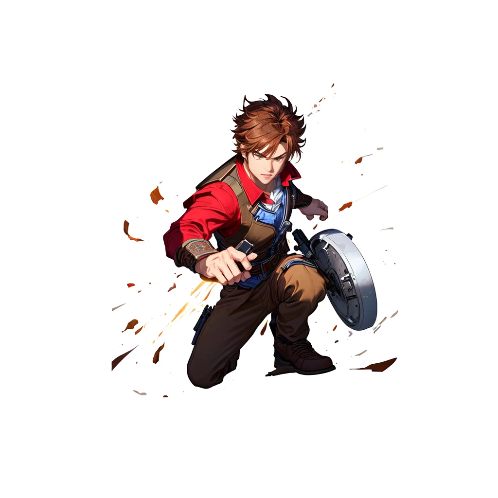 A left-handed weapon，Man with right hand on waist.，Brown hair，Red shirt，white vest，fierce expression，masterpiece, Best Quality, (extremely detailed 8k CG unit ), (Best Quality), (best illustration), (best shadow), cartoon style