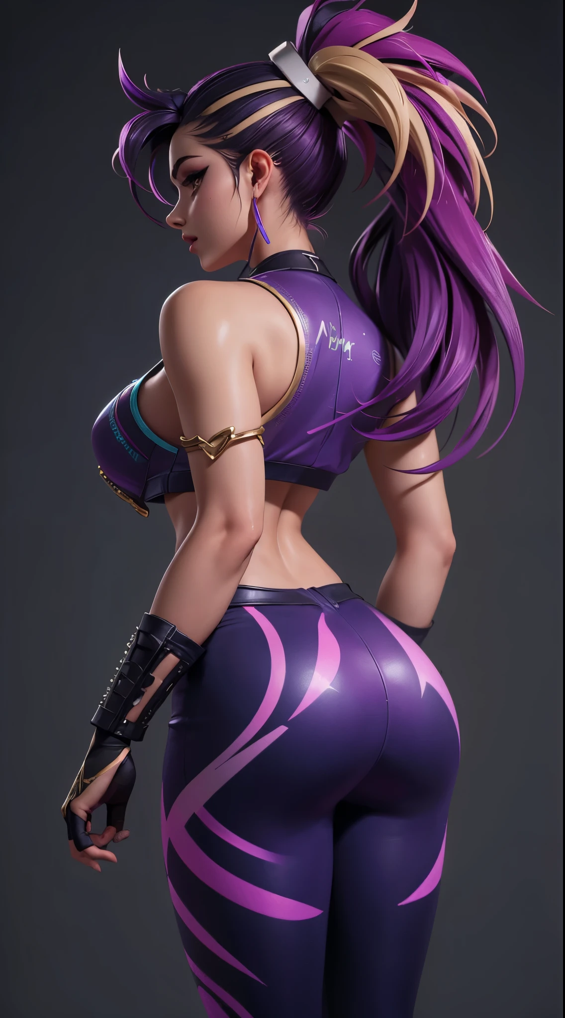 Kda akali, Back view, big ass, perfect breast, beautiful, sexy, slim, cute, highly detailed, deep focused image, realistic full-lenght photo, sexy jumpsuit