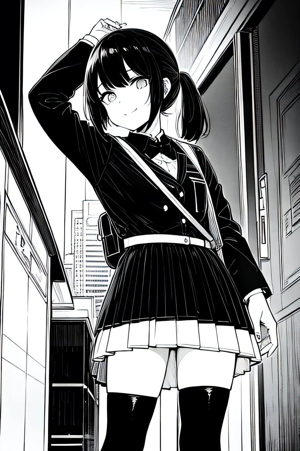 masterpiece, top-quality, 1girl in, Uniforms, A slight smil, a school bag, A dark-haired, Black eyes, cyberpunked, a street, monochromes, line-drawing、iced