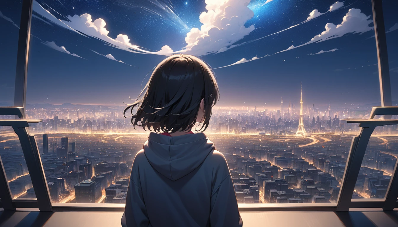 Starry Sky、One woman、Black Hair、Short Hair、Hair blowing in the wind、Wearing a hoodie、Back view、Full body portrait、Overlooking the city from afar