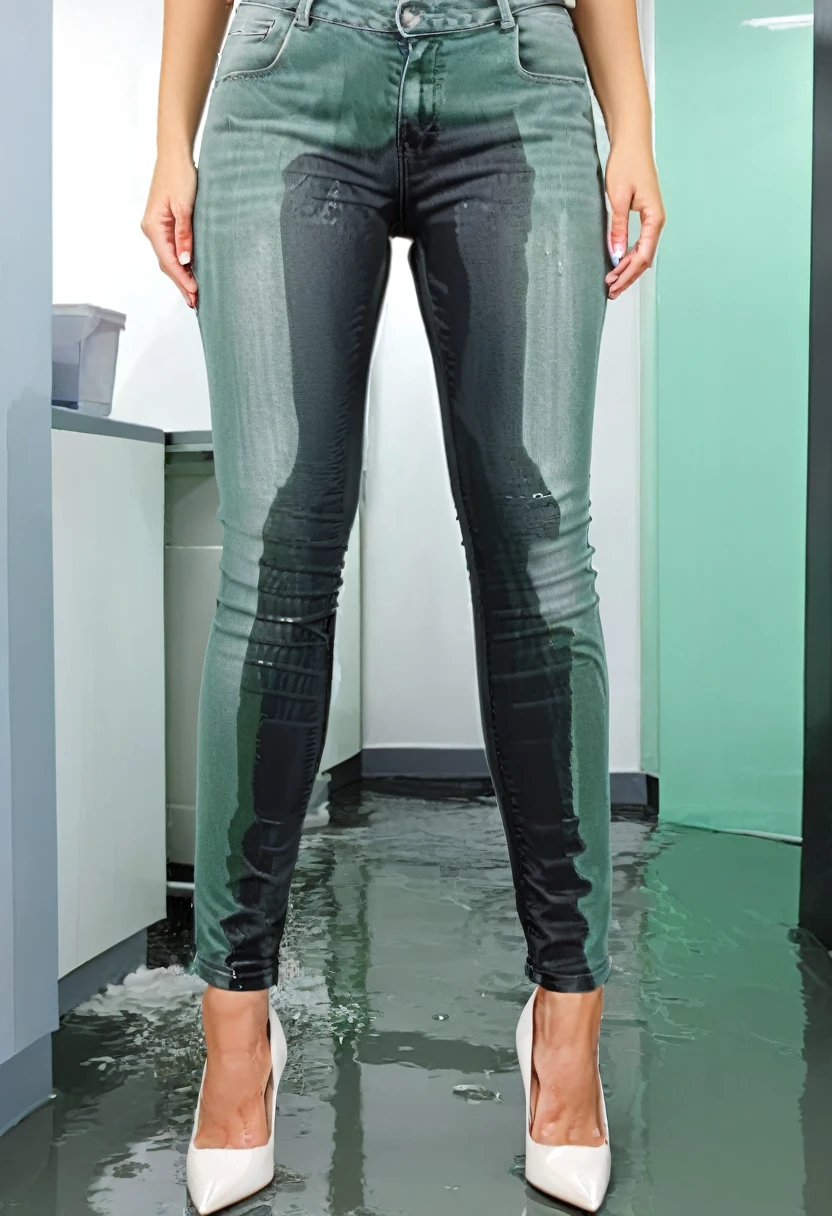 attractive redhead woman wearing black skinny jeans, ((black skinny jeans)), short curly hair, white high heel pumps, mint green blouse, standing in an office, wetting, big smile, pee stains are gleaming wet, standing in puddle of pee, lower legs of jeans completely soaked, pee drips off jeans