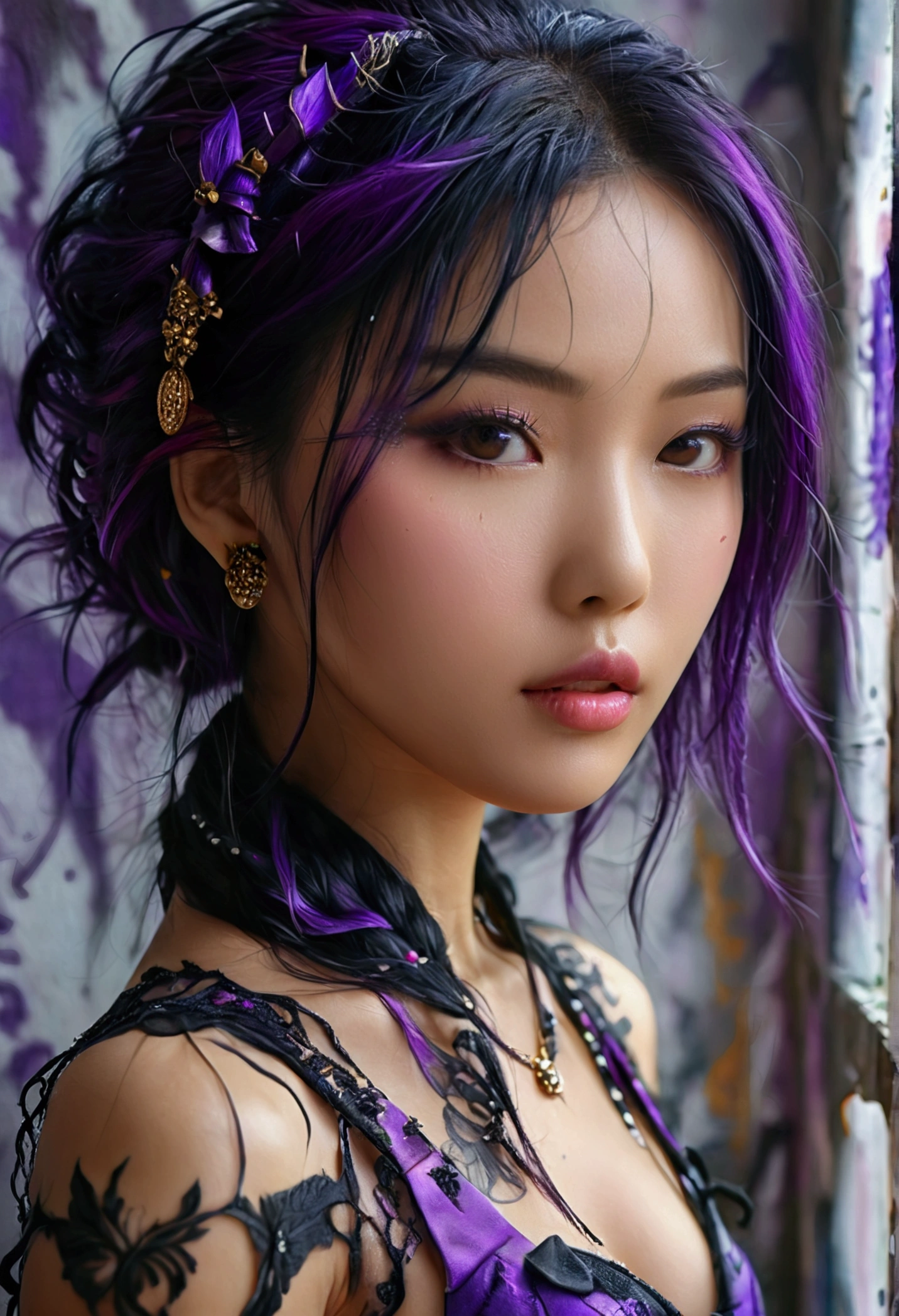 a beautiful asian woman with black and purple hair, wearing a sexy outfit, standing against a wall, detailed face, detailed background, (best quality,4k,8k,highres,masterpiece:1.2),ultra-detailed,(realistic,photorealistic,photo-realistic:1.37),portrait,studio lighting,vivid colors,sharp focus,physically-based rendering,extreme detail description,professional