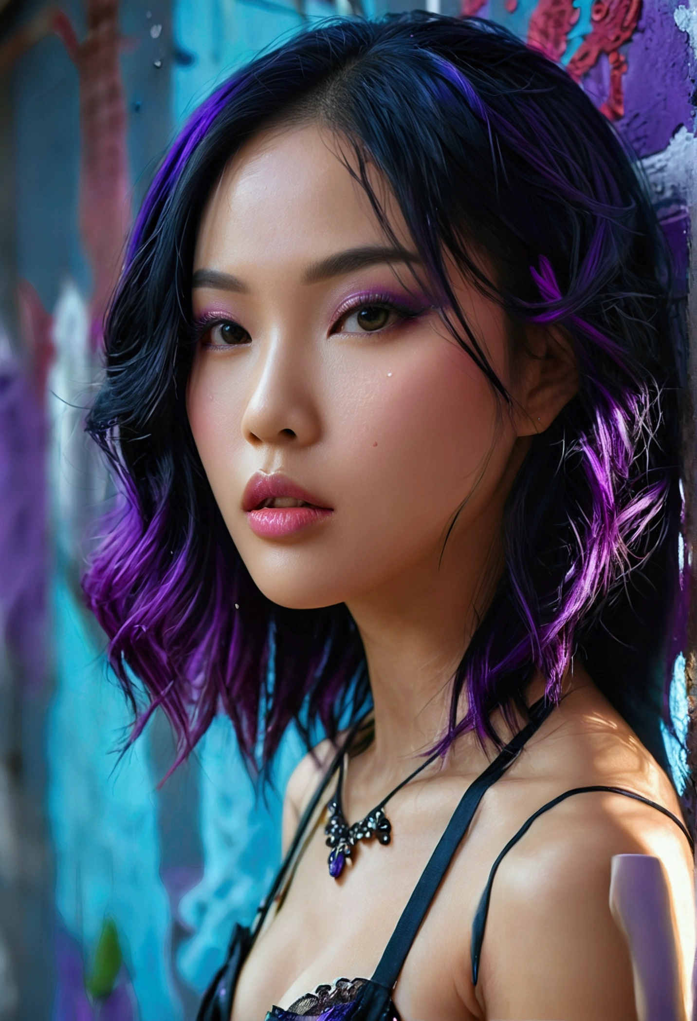 a beautiful asian woman with black and purple hair, wearing a sexy outfit, standing against a wall, detailed face, detailed background, (best quality,4k,8k,highres,masterpiece:1.2),ultra-detailed,(realistic,photorealistic,photo-realistic:1.37),portrait,studio lighting,vivid colors,sharp focus,physically-based rendering,extreme detail description,professional