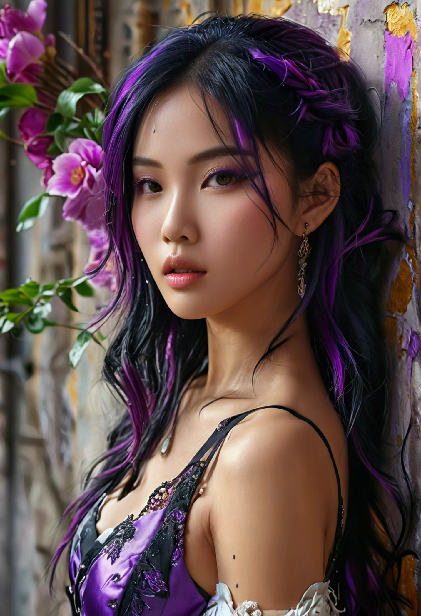 a beautiful asian woman with black and purple hair, wearing a sexy outfit, standing against a wall, detailed face, detailed background, (best quality,4k,8k,highres,masterpiece:1.2),ultra-detailed,(realistic,photorealistic,photo-realistic:1.37),portrait,studio lighting,vivid colors,sharp focus,physically-based rendering,extreme detail description,professional