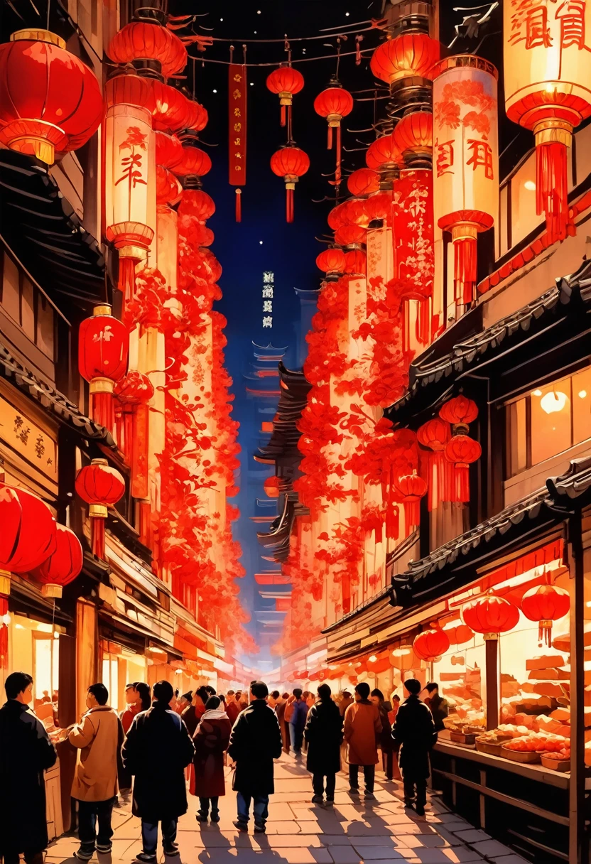 An intricate vertical New Year's scroll painting in traditional Chinese style depicting a busy street market scene in Shanghai during Chinese New Year celebrations. People bargaining and buying decorations and food, red lanterns hanging overhead, firecrackers lighting up the night sky, no people, empty streets.