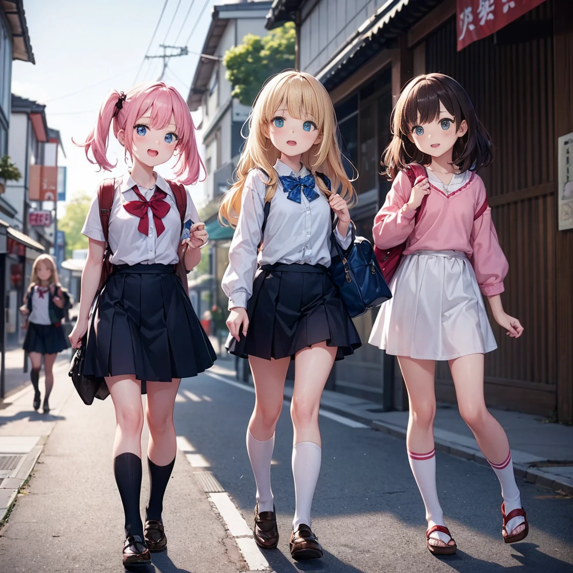 Three very young girls, about eight years old, on a street in Japan, one of the old streets, behind them is a school. They are wearing Japanese school uniforms. Their thighs are all visible, and their socks reach below the knee. Their uniforms are wearing backpacks.. The first girl is excited. Her hair is fluffy pink and reaches below the neck. She is excited and cheerful while she is standing and her eyes are black.. The second girl has blond hair that reaches below the neck and her eyes are blue. She is very beautiful and very, very innocent and a little afraid. She looks anxiously and pretends to be a normal person. She is shy and looks shy. She puts her hands on her thigh and is shy and in the middle.. The third girl, her hair white, reaches below her neck, she wears red jewelry on it, her eyes are blue, she stands next to them, looking with a mixture of shyness and courage, she is half shy and half happy, she stands looking with amazement, shyness and courage. They all look in amazement. The three girls. Side view. One of them seems to be stumbling. They are three young girls, all the same height. All three of them are only a meter tall.
