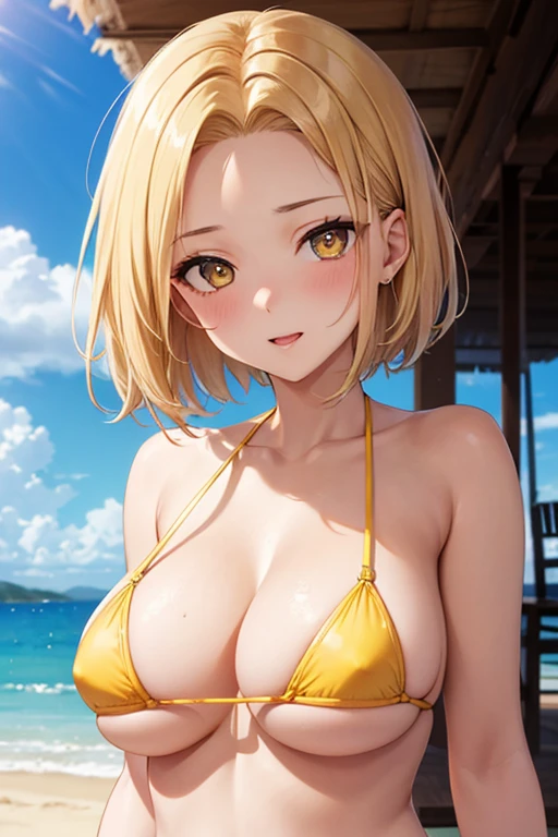 One Woman, Highest quality, masterpiece, Super Resolution, Large Breasts, Idol, Beauty, ((From the front 1.2)), Cleavage, 8k, High resolution eyes, High-resolution contours, ((Forehead visible 1.3)), Stylish, High-resolution pupils, blush,  High resolution face, High resolution breasts, Ultra HD, Open your mouth, Upper Body, High resolution mouth, Sexy body, ((Cool face 1.5)), ((Hanging 1.3)), short hair, Broken bangs, Blonde, Yellow Eyes, model, Mature Woman, Adult women, Beautiful clavicle, High resolution hair, Mother, maternal, Micro Bikini, Underboob, Sideboob, Beach,  