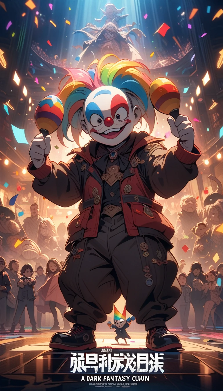 ((best quality)) , ((masterpiece)) , (detailed),A dark fantasy cartoon of an anthropomorphic monster clown with rainbow hair, wearing black shoes and colorful  holding maracas in his hands while dancing in the middle of the dance floor. The background is made up of confetti and lights. In the style of Dan Mumford, digital artwork.，((Movie Posters，大字title，title))