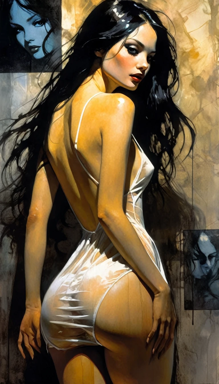 girl with long black hair, very small tits, speech bubble,transparent sexy nightdress, perfect ass, , great detail, many talking hearts, {{{movement lines}}},, {{panties aside}},, eroticism, sexy, white image and black, between shadows, oil painting, chiaroscuro, sensual, dramatic lighting, moody atmosphere, photorealistic, intricate details, masterpiece, ultra-detailed, high quality, 8k, best quality, realistic, cinematic, Dark and melancholic composition, expressionistic and powerful , emotional impact, art inspired by Bill Sienkiewicz.
