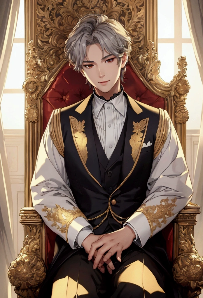 {(best quality, 8ก, Masterpiece, HDR, soft light, Picture Perfect, digital illustration, manga art, hyper detailed image, perfect lines, realistic,The golden rays of the sun hit from behind.)} 1 very handsome man, Short gray hair, red eyes, Bidenical skin, Luxurious clothes like a prince,sitting on the throne, (A cunning demeanor, A slight smile at the corner of the mouth.), {(The background is similar to being in a palace.)}
