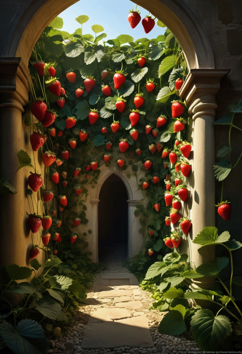 (A Strawberry), Deep within an ancient, garden, uncovers Vines on the walls, resonate with a glow, unlocking the melodies of the Strawberry, edible art, captivating chiaroscuro, dynamic movement, full body, (special effects:0.1), award-winning, cinematic still, emotional, vignette, dynamic, vivid, (masterpiece, best quality, photorealistic, Professional, perfect composition, very aesthetic, absurdres, ultra-detailed, intricate details:1.3)