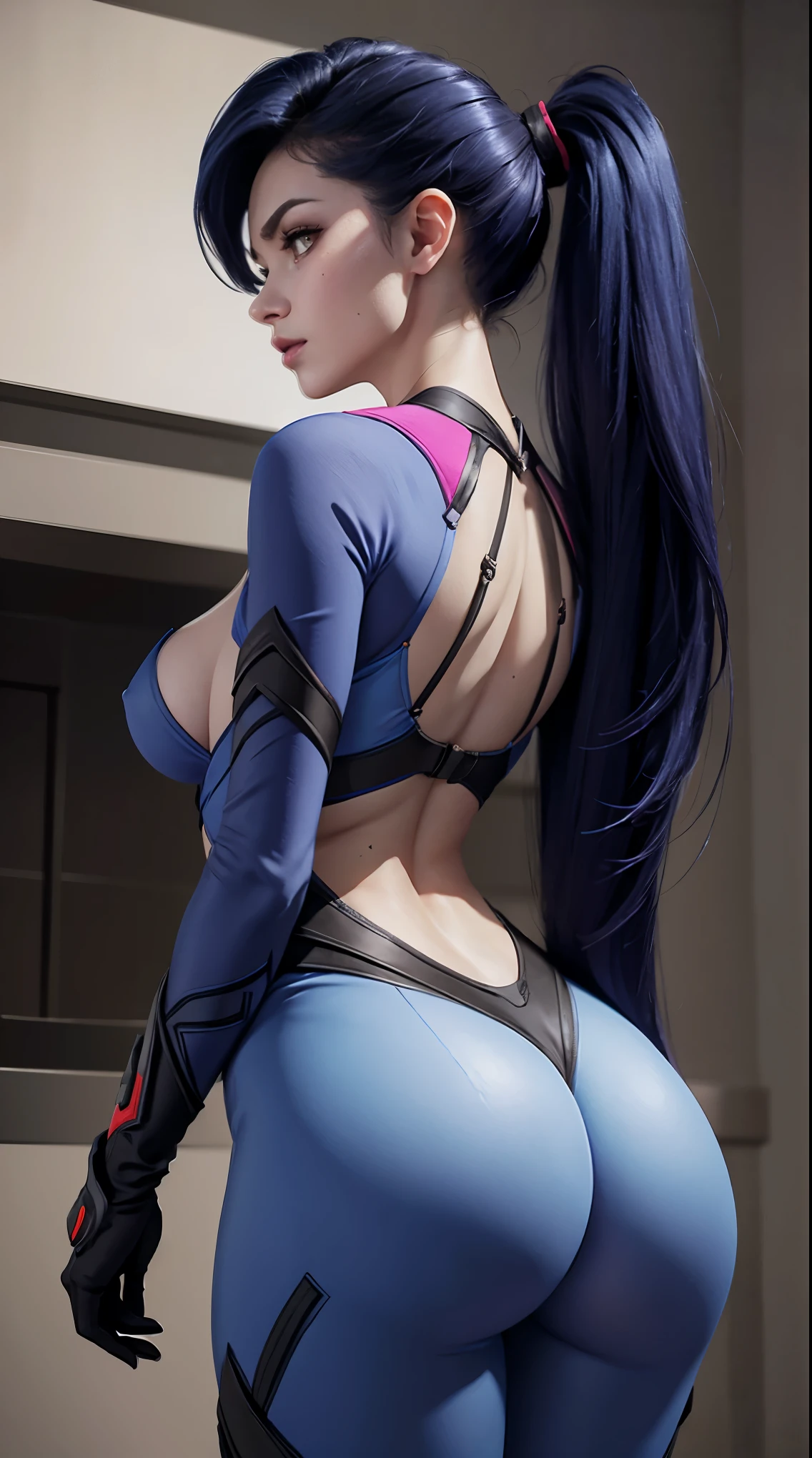 Widowmaker (Overwatch), Back view, big ass, perfect breast, beautiful, sexy, slim, cute, highly detailed, deep focused image, realistic full-lenght photo, sexy jumpsuit