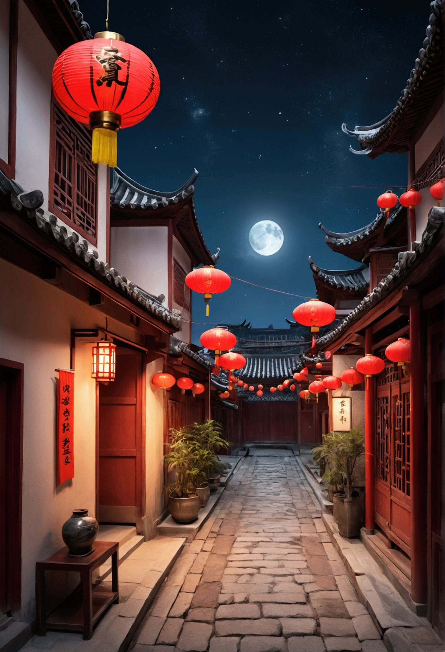 Street image in a CG game,Full of Chinese elements,Lunar New Year is just around the corner,The festive atmosphere is strong.,The streets are full of people,The style of medieval illustrations., Symbolic figurative landscapes, light red and silver, Vintage poster design, Organic Art Nouveau, Pool of saturated pigments, Woodcut, night time, night sky, empty streets, No people, no humans, desolate.