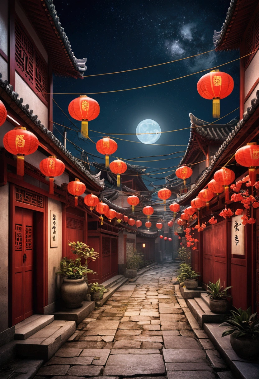 Street image in a CG game,Full of Chinese elements,Lunar New Year is just around the corner,The festive atmosphere is strong.,The streets are full of people,The style of medieval illustrations., Symbolic figurative landscapes, light red and silver, Vintage poster design, Organic Art Nouveau, Pool of saturated pigments, Woodcut, night time, night sky, empty streets, No people, no humans, desolate.
