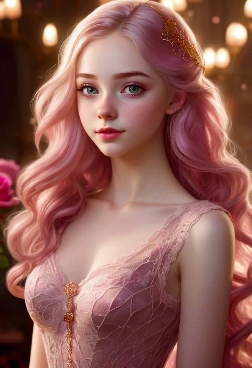 An 18 years old European girl with pale skin and long, wavy rose_gold hair. large and magenta colored eyes, full lips, with an adorable, and innocent face. She should have a happy expression, wearing a pink, gold, and rose gold colored NSFW dress made entirely of see through lace, with an elegant and spider web lace theme, something that emphasizes her sweet and compassionate personality. Overall, her appearance would be striking, attracting curious looks. small chested, slender, cinematic lighting, chromatic aberration, backlighting, masterpiece, high details, high quality, 4K.