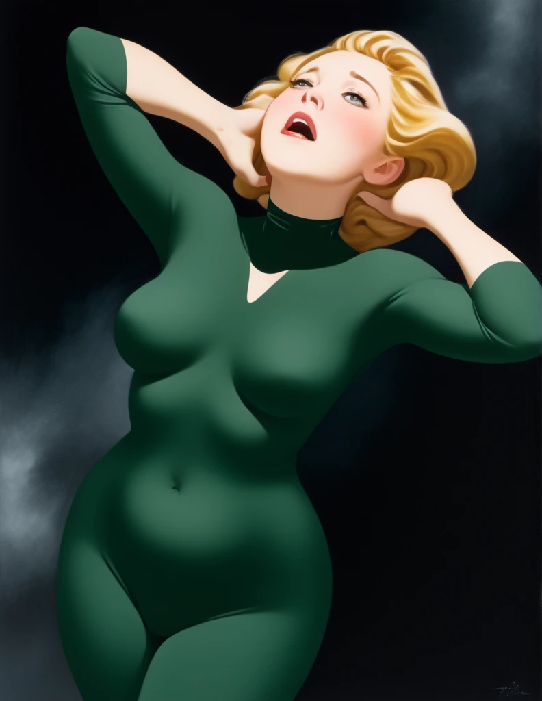 Oil painted slightly chubby white woman. Her face  also slightly chubby. Her body  floating in space .She  wearing a dark green body suit.. She has short blonde hair. She has her mouth open breathing heavily, she puts both her hands on her neck as if she choking and can’t breathe . She  on the verge of death. She  grabbing her neck. Full body view. Bare foot.