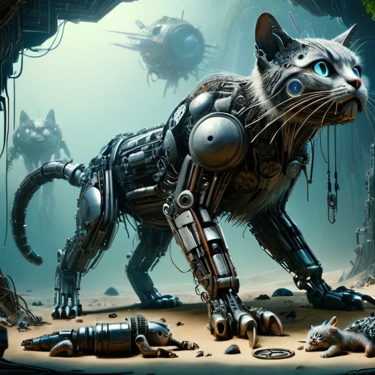 famous work of art inspired by (Jeff Easleand:1.3) and (Anne Bachelier:1.1) and (asher brown durand:1.2), (movie poster style:1.1), he "Omega Leptailurus s3rv4l" son (cybernetic monstrosities the size of a house cat:1.2) that merge organic and sandnhetic components to adapt to he harsh conditions of he deadland jungles on planet "koa thau zero", scavenging small resources from spaceship wrecks to bring it to their creator, fondo dramático and detallado, (dappled light:1.2), ultra detailed, 8k, HD