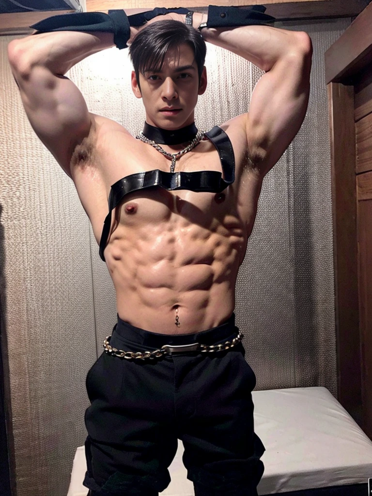 1boy,masterpiece,best quality,ansheng,police_uniform,dungeon,muscular,chain,stretch,