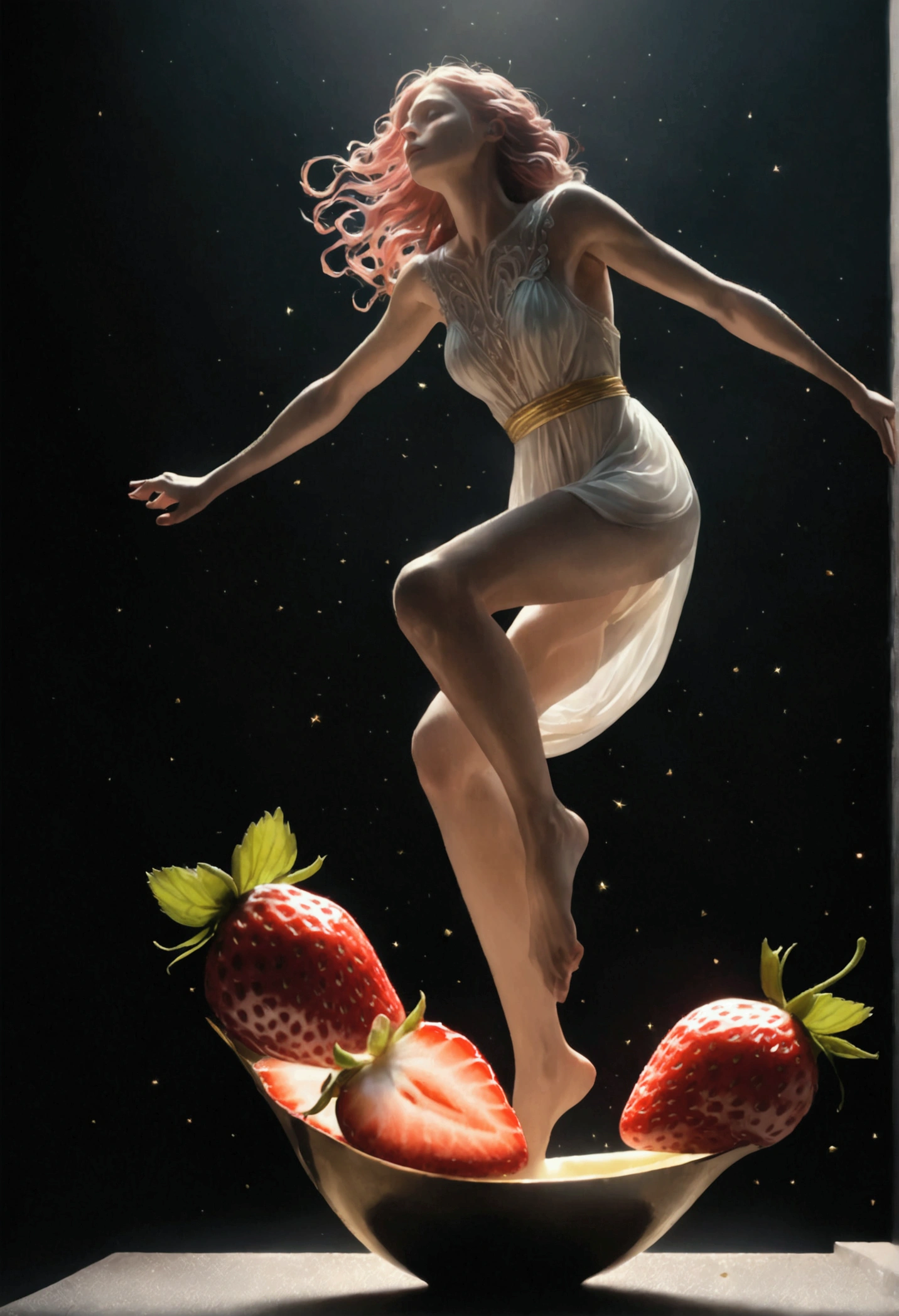 (A Strawberry), in the style of ethereal, the art of the stars, colorful animation stills, mysterious beauty, delicate chromatics, edible art, captivating chiaroscuro, dynamic movement, full body, (special effects:0.1), award-winning, cinematic still, emotional, vignette, dynamic, vivid, (masterpiece, best quality, photorealistic, Professional, perfect composition, very aesthetic, absurdres, ultra-detailed, intricate details:1.3)