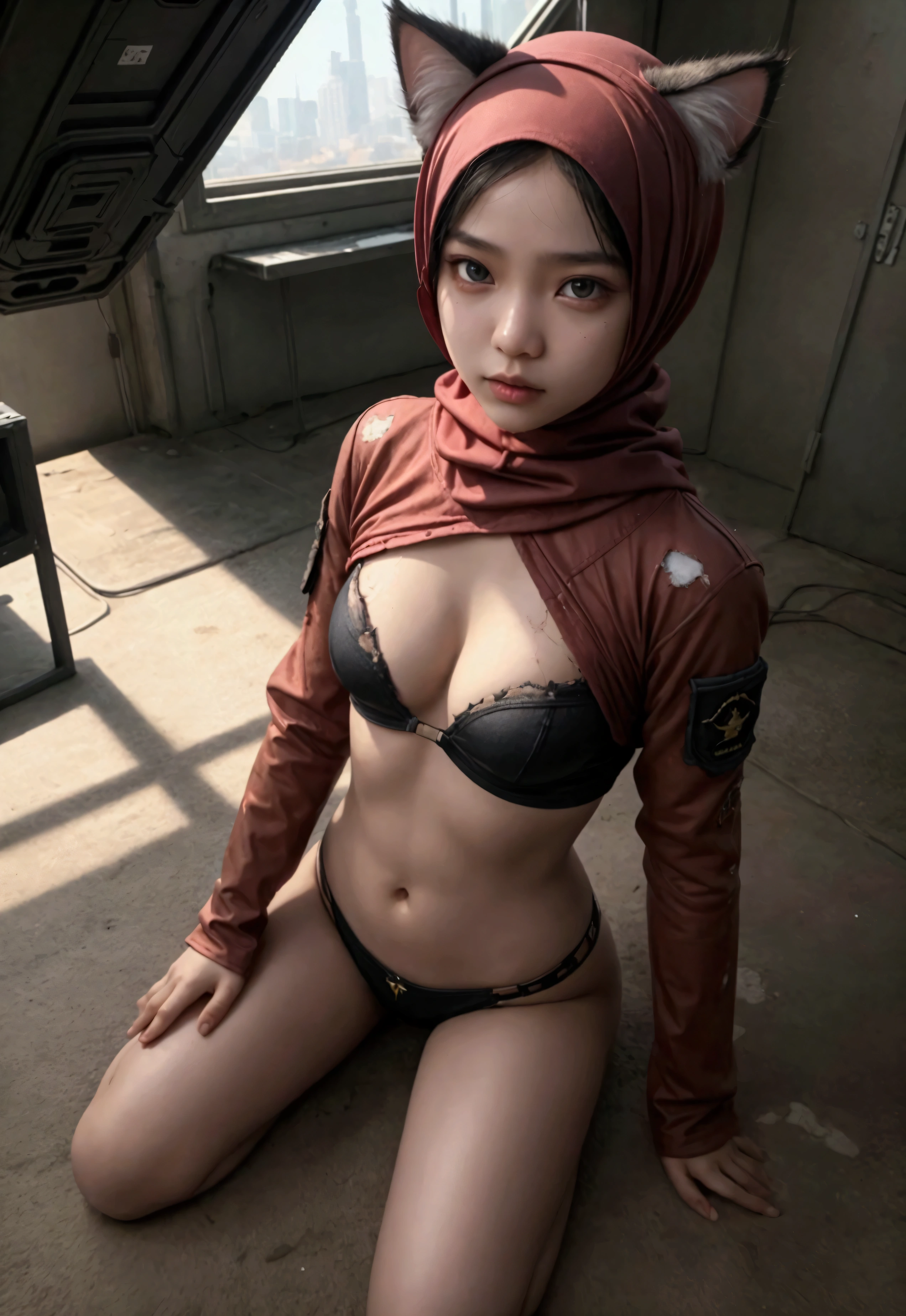 Malaysian girl ,malay, The whole body consists of a young girl with hijab, Eye makeup, 21yo, Cat ears, Soft lighting, Solo, Wear red shabby clothes, Dirty, Tattered futuristic military uniform, Cat's paw badge, Pose, spot color, rendering by octane, Ultra-realistic intricate details, Cinematic, 8K resolution, 70mm, emphasis lighting, Global illumination, Full body portrait, clean detailed faces, Complex clothing, Cute face, Flat chest, visible cleavage, Slim waist, Slim legs, Small hips