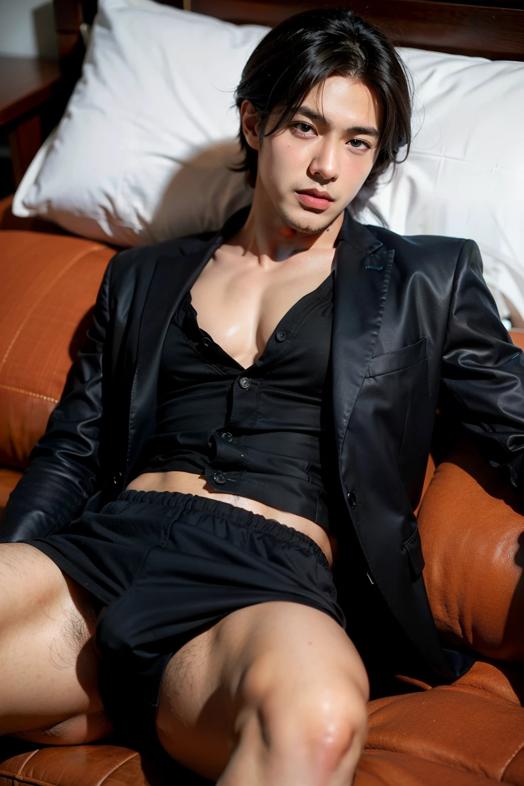 Cool and handsome man in a black suit Hot anime boy create a man with tanned fur, brown eyes and dark hair with a toned body in boxer shorts with his penis out lying on the bed