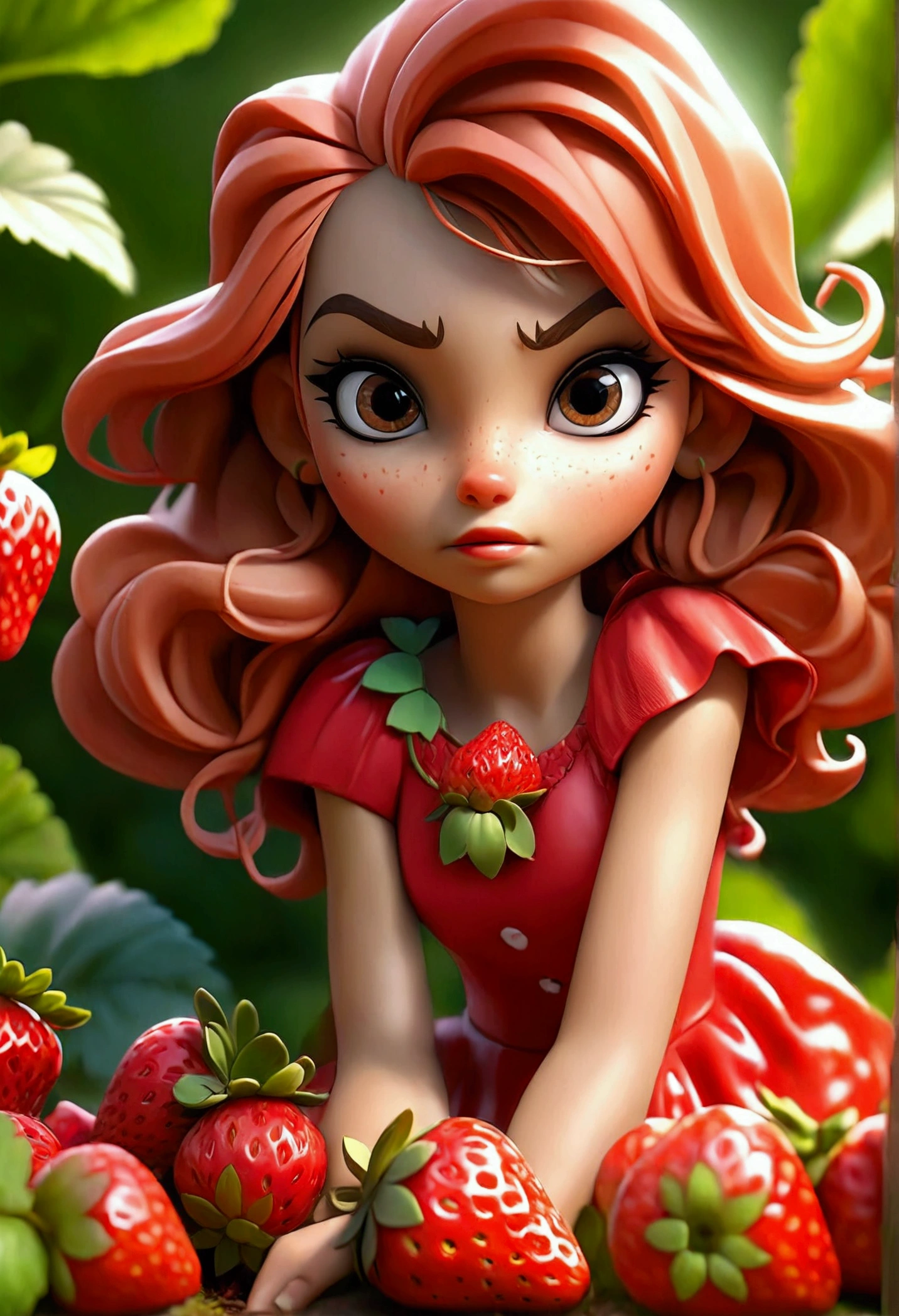 photorealistic high quality 3d render, 1girl, strawberry girl, beautiful detailed eyes, beautiful detailed lips, extremely detailed face and skin, long eyelashes, strawberry hair, strawberry skin, strawberry dress, sitting in a field of strawberries, realistic lighting, vibrant colors, cinematic composition, photographic depth of field