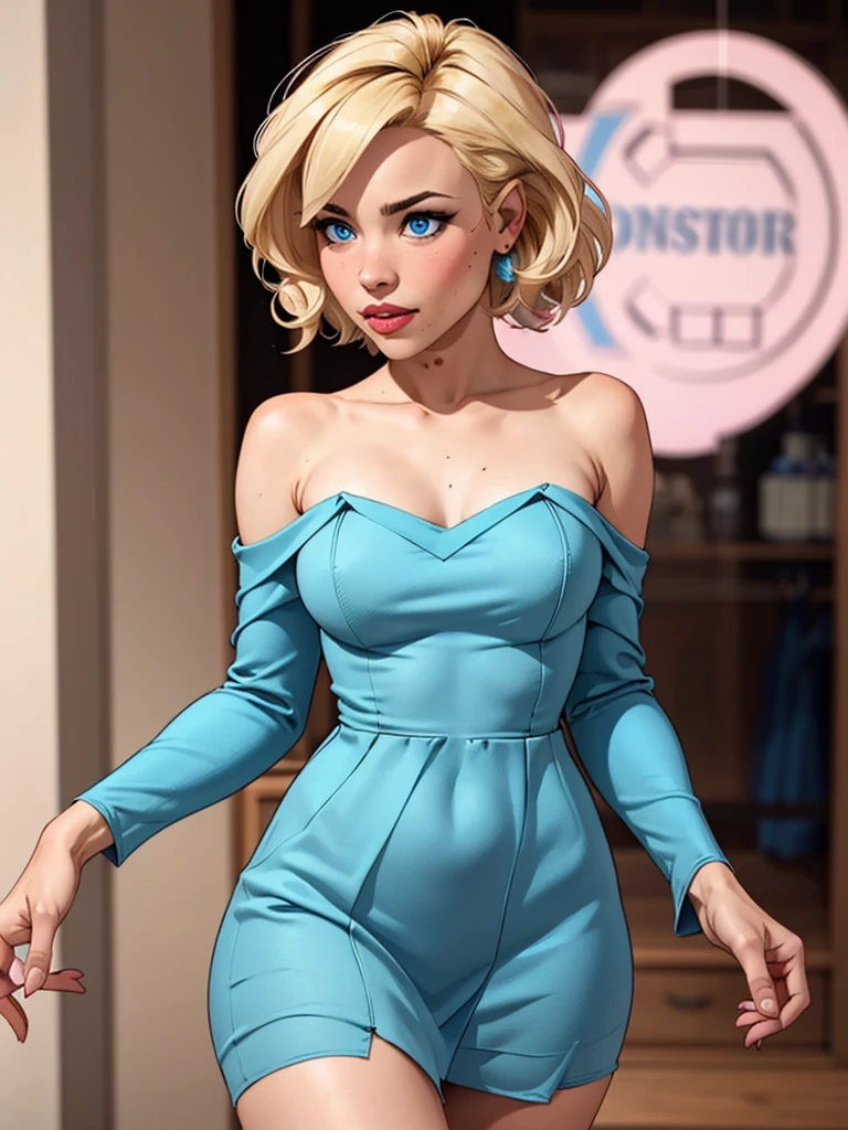 Hot blonde girl, with short hair, blue eyes, Wearing a pink strapless dress, with bare shoulders and long sleeves, short dress Showing your thighs