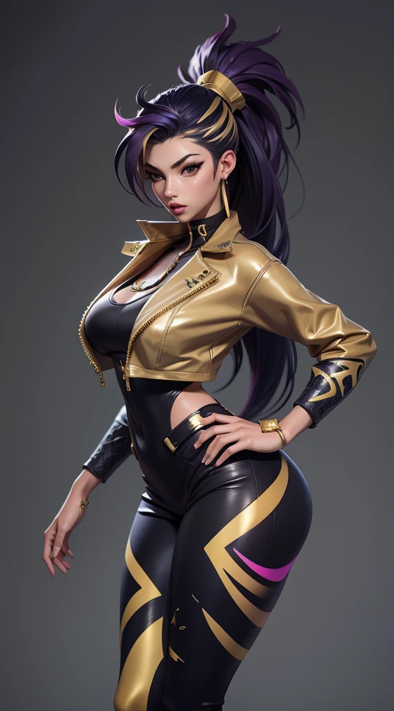 Kda akali, front view, big ass, perfect breast, beautiful, sexy, slim, cute, highly detailed, deep focused image, realistic full-lenght photo, sexy gold jumpsuit