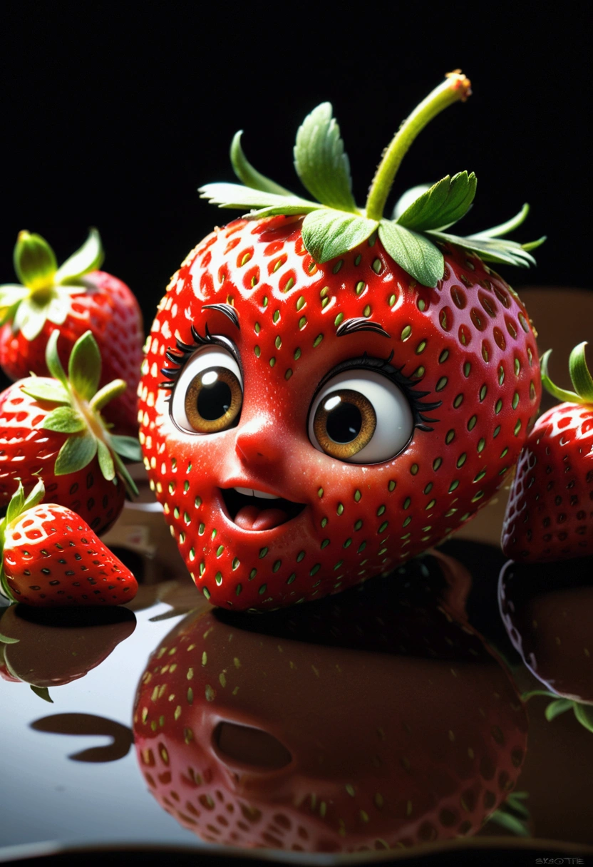 A Strawberry, by Chiho Aoshima, cinematic still, chiaroscuro, dynamic, (best quality, masterpiece, photorealistic), very aesthetic, perfect composition, intricate details, ultra-detailed, vivid colors